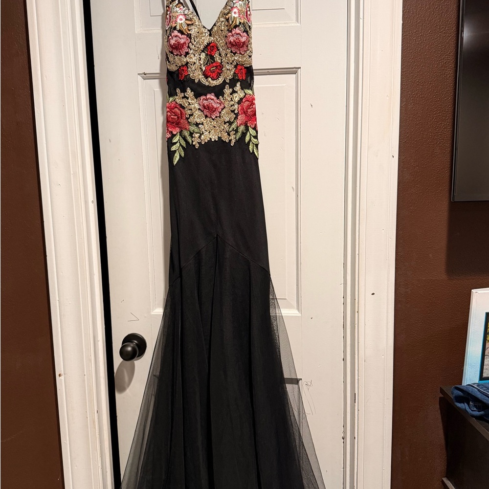 Blondie Nites Black Maxi Dress with Red & Pink Floral Embroidery